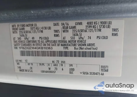 2016 Ford Transit-350 Xlt z USA, uszkodzony, nr VIN 1FBZX2ZM4GKB10363